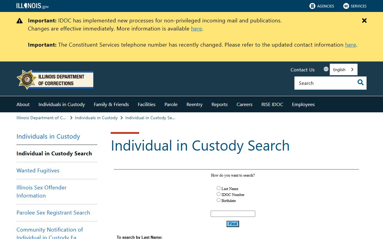 Illinois IDOC inmate search page for sentenced Marshall County inmate population transfers