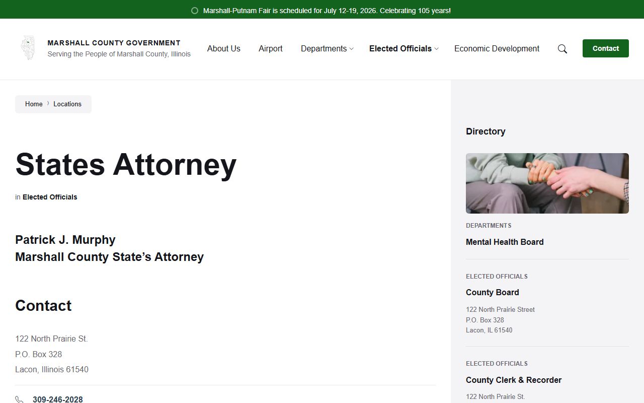 Marshall County State's Attorney page, the charging office behind court records after an arrest